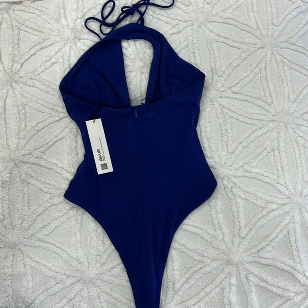 Zara bodysuit top blue halter floral detail back zipper size medium - Picture 2 of 5